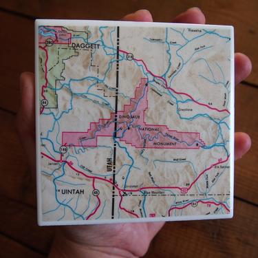 1976 Dinosaur National Monument Vintage Map Coaster - Ceramic Tile - Repurposed 1970s Colorado Highway Map - Handmade - Southwest CO - Utah 