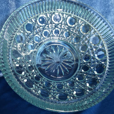 Vintage Cut Crystal Bowl, Mid Century Candy Trinket Bowl in Turquoise, Engraved Pattern 