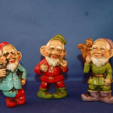 Three Vtg Garden Christmas Gnome / Elf / Dwarf Ceramic Bisque Hand-Painted Hanging Ornament ~ Woodland Christmas ~ Enchanted Forest ~ Japan 