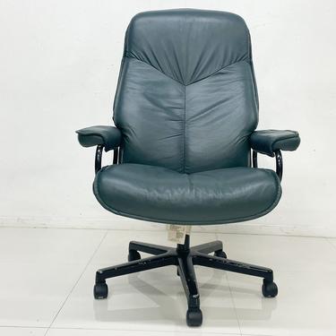 1980s Stressless EKORNES Adjustable Rolling Office Chair Green Leather NORWAY 