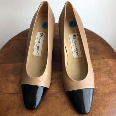 Etienne Aigner All Leather High Heel Pump, Tan & Black Tip Toe, Vintage Shoes 1970's, 1980's Womens Heels, Size 6 1/2 M, 6.5 