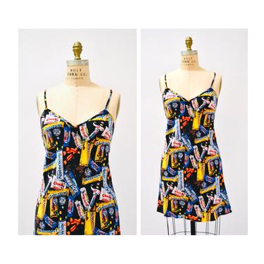 90s Vintage Silk Slip Dress with Candy and Chocolate Print by Nicole Miller with Black Silk Dress Pop Culture Print Size Medium 