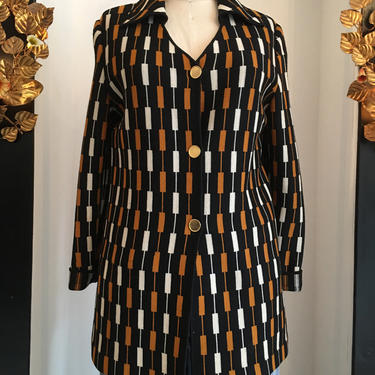 1960s mod cardigan, sweater jacket, vintage 60s sweater, 1960s knit top, geometric print, black and rust, retro print, size large 