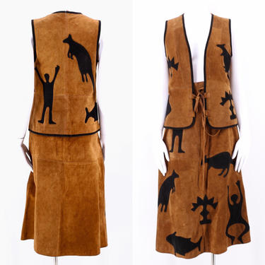70s Suede Appliqued Two Piece dress Outfit / vintage 1970s cave painting skirt &amp; vest top set XS 24&amp;quot; 