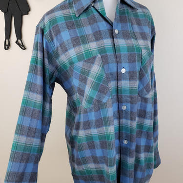 Vintage 1950's Plaid Button Up /60s Men's Flannel Shirt 