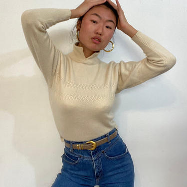 90s cashmere sweater / vintage ivory creamy white cashmere cropped collared sweater tee | XS 