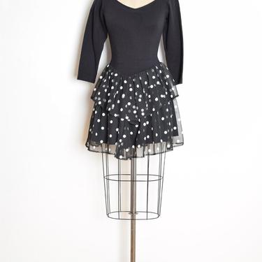 vintage 80s dress black white polka dot print tiered chiffon party dress XS S clothing 