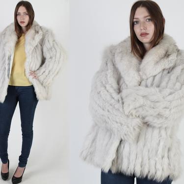 Vintage 80s Saga Fox Fur Coat Chubby Corded Shawl Collar Natural Arctic Blue Jacket 