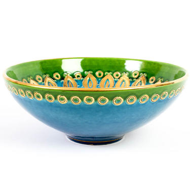 Bitossi 11 Inch Bowl - Green Blue Gold - Aldo Londi Italy - Rosenthal Netter / Raymor Imports 