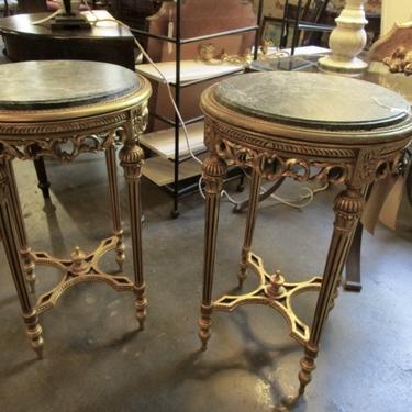 PAIR PRICED SEPARATELY ANTIQUE FRENCH CARVED AND GILT WOOD  ROUND ACCENT TABLES WITH GREEN MARBLE TOPS