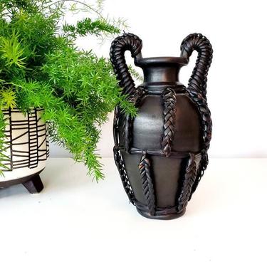 Vintage Wicker Wrapped Black Stoneware Vase 
