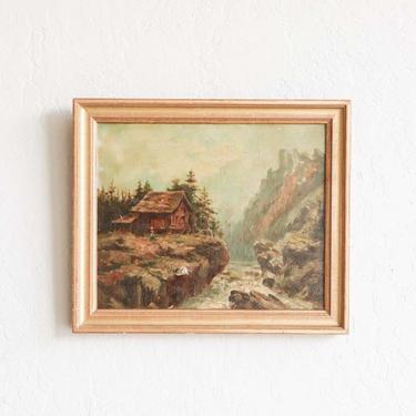 Vintage Riverside Cottage Oil Painting