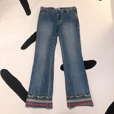 90s Stonewashed Ribbon Stripe Trim Flared Jeans / y2k / Denim / Size 9 / Cotton / Delias / 00s / Mid Rise / Floral / Daisy / Paisley / Bratz 