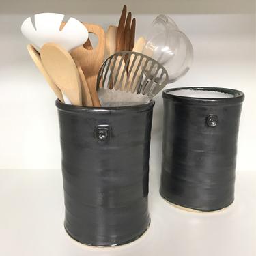 handmade utensil holder, utensil holder, black utensil holder, ceramic utensil holder, wine cooler, crock, storage jar, utensil caddy 