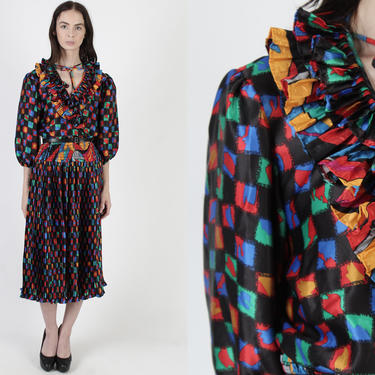 Susan Freis Dress / 80s Black Mosaic Print Dress / Bright Abstract Checkered Tassel Tie / 1980s Georgette Style Ruffle Neckline Maxi Dress 