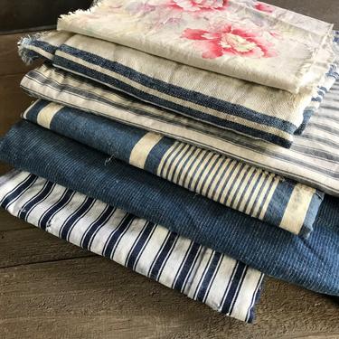 Antique French Fabric Pack, Patch Repair, Quilting, Sewing Projects, Indigo Blue, Homespun Linen, Ticking, Historical French Textiles 
