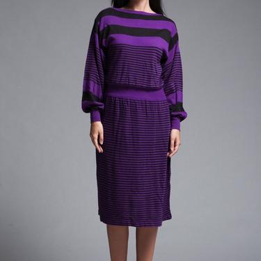 sweater dress purple black striped knit long puff sleeves vintage 80s Jordache MEDIUM M 