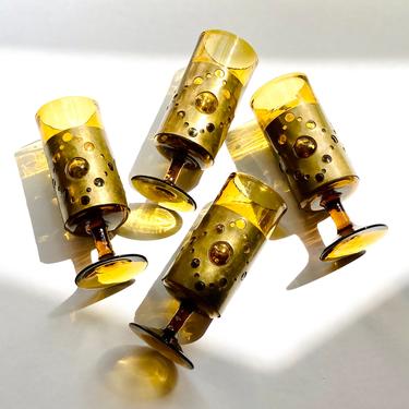 Set of 4 Felipe Derflinger Amber Glass &amp; Brass Goblets 1960s Mexican Modernism 
