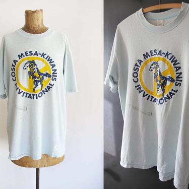 Vintage 70s Stedman Hi Cru Thrashed T Shirt Baggy Large - Costa Mesa Kiwanis Light Blue Shirt - Horse Stallion Shirt 