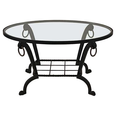Chic Wrought Iron and Glass Oval Coffee Table in the Style of Jacques Adnet