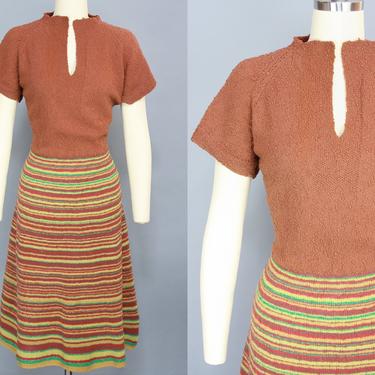 1940s MULTI-COLOR STRIPE Knit Dress | Vintage 40s Light Brown, Teal, Rust, Gold &amp; Chartreuse Sweater Dress | medium 
