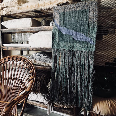 Vintage woven wall hang, blue green wall hanging, yarn wall hanging, 1970s woven wall hanging 