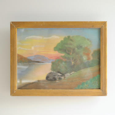 Vintage Pastel Landscape Drawing of Trees and a Lake with a Mountain in the Background 