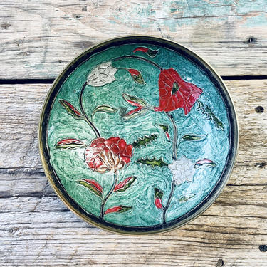 Cloissone Bowl | Emerald Green Bowl | Teal | Floral | Catchall | Jewelry | Soap Dish | Brass | Enamel | Vintage Metal Home Decor Antique 