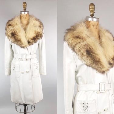 1960s White Leather Trench Coat with Fox Fur Trim 