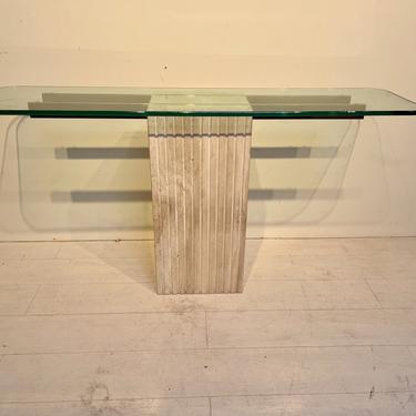 Vintage Italian Console - Travertine Column with Brass Supports and Glass Top 