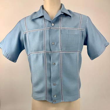 1950's Shirt-JAC - Blue with White Wide Plaid Front - All Rayon - CALIFORNIA Label - Patch Pocket - Men's Size Tailored Medium 