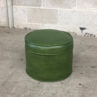 Vintage Ottoman Retro 1970s Green Vinyl + Cylinder Shaped + Round Footstool + End or Side Table + Home Decor and Furniture 