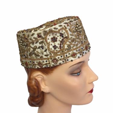Stunning 1960s Intricately Beaded Satin Topi Style Hat 