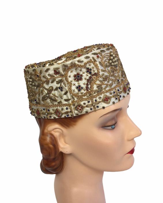 Stunning 1960s Intricately Beaded Satin Topi Style Hat 