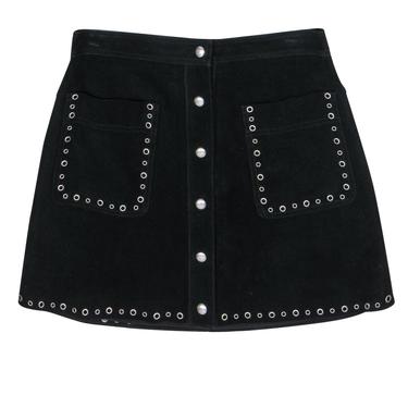 Rebecca Minkoff - Black Suede Button-Up Miniskirt w/ Grommet Trim