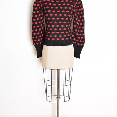 vintage 80s sweater black pink polka dot puff sleeve jumper top shirt S M clothing 