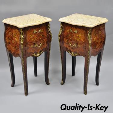 Louis XV French Style Bombe Form Floral Inlaid Marble Top Nightstands A Pair
