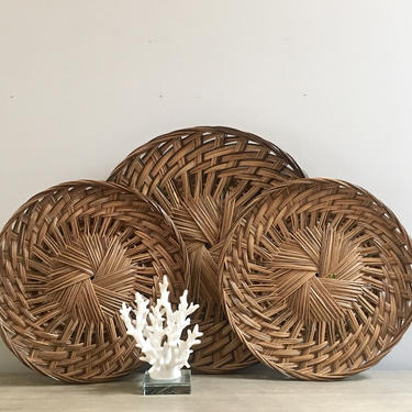Woven Wall Basket Set of Three Large Hand Woven Round Wicker Tray Boho Rustic Decor 
