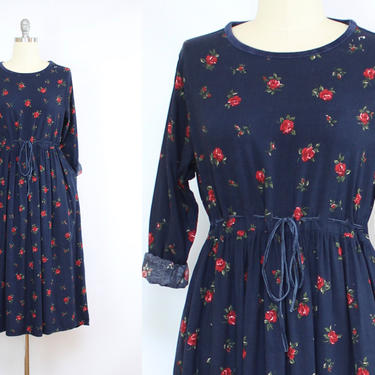 Vintage 90's Rosebud Midi Dress / 1990's Long Sleeve Midi Dress / Market Dress / Roses Floral / Pockets / Women's Size Medium Large by Ru