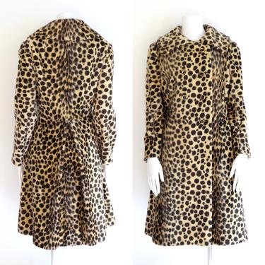 50s vintage leopard print faux fur princess coat large / vintage Safari La France cheetah plush fur flared coat 1960s 50s size L 