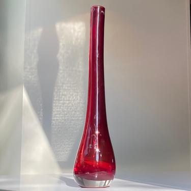 handblown glass vase in ruby red and clear 