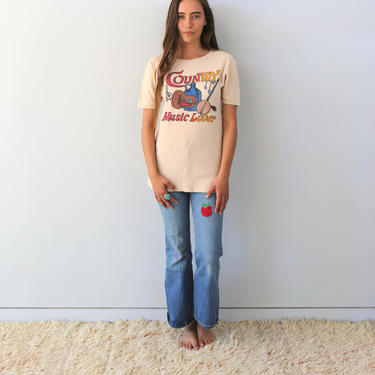 Country Music Lover Tee // vintage banjo 70s 1970s boho tee t-shirt t shirt dress hippie hippy beige brown cotton blouse guitar // S/M 