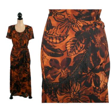90s Short Sleeve Maxi Dress Medium, Long Chiffon Floral Tropical Print, Fall Cocktail Party Clothes, Women Vintage Clothing Helen Blake 