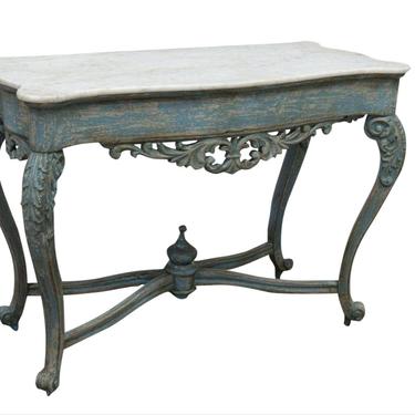 19th Century Continental Louis XV Style Hand Carved Distressed Painted Marble-Top Large Antique Console Table  - rustic shabby chic 