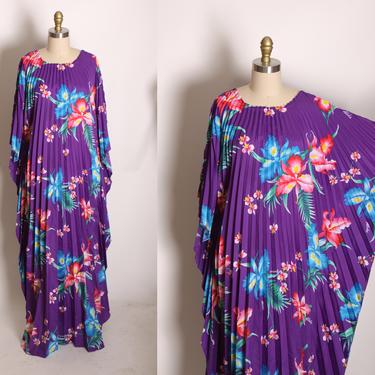 1980s Purple, Blue and Pink Hawaiian Hibiscus Floral Flower Caftan Muu Muu Dress by Royal Creations 