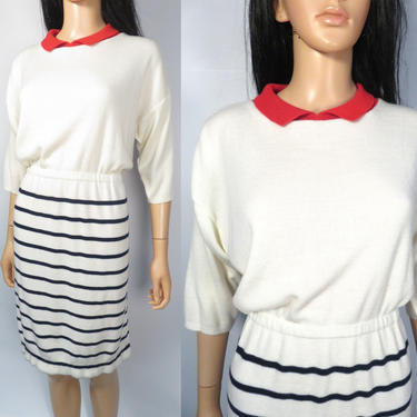 Vintage 80s Nautical Red White And Blue Sweater Dress Made In USA Size L 