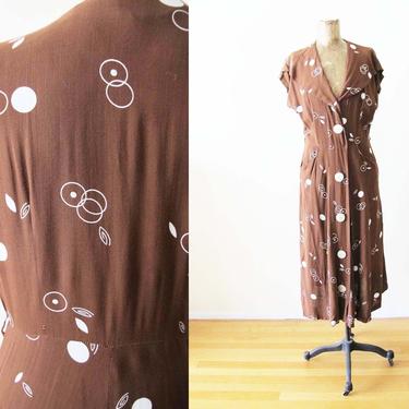 Vintage 1940s 50s Rayon Day Dress Small - Atomic Abstract Print Brown Rayon Sundress - Oversized Button Front Dress - Rockabilly Clothing 