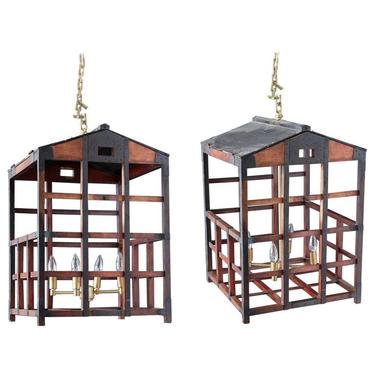 Pair of Japanese Tansu Style Wooden Crate Cage Chandeliers by ErinLaneEstate
