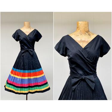 Vintage 1950s Black Cotton Dress w/ Full Pleated Rainbow Skirt, 50s Cap Sleeve Surplice Bodice, Mid-Century Rockabilly Party Dress, Small 