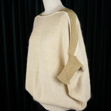 Vintage 80s Off-White Lambswool Oversized Sweater with Gold Lurex Boatneck Collar Detail and Cuffed Half Sleeves 